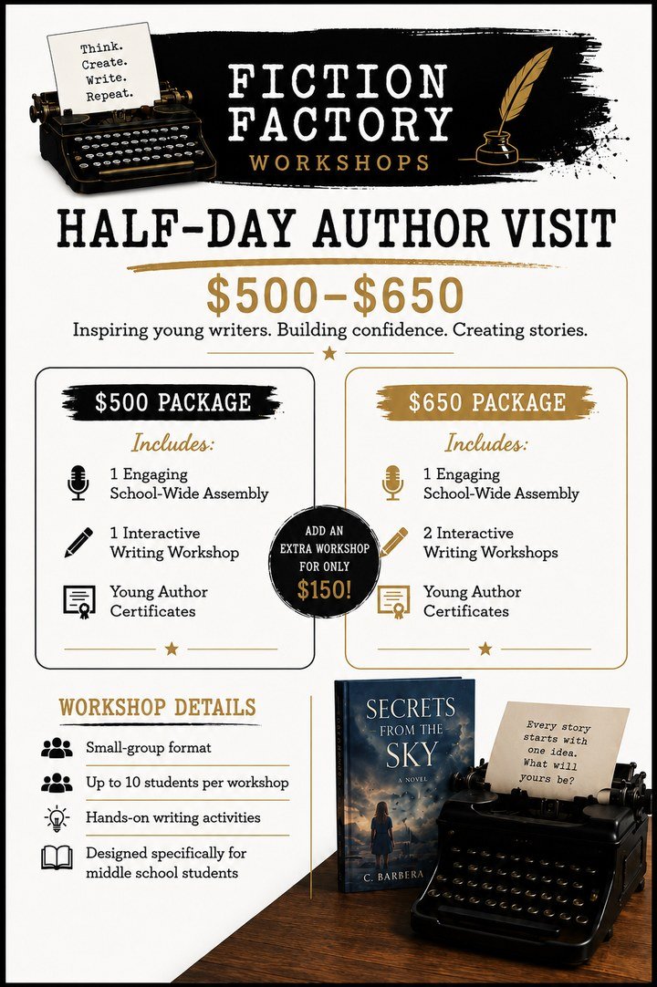 Preview of the Fiction Factory Workshops half-day author visit flyer